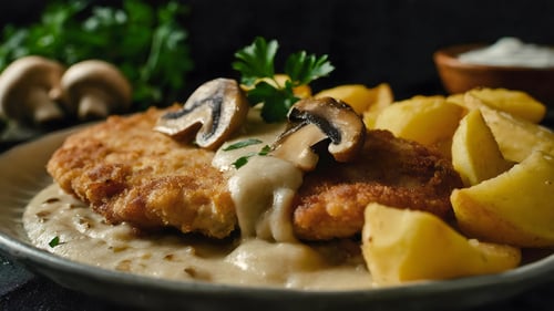 Kartoffelecken mit Schweine-Schnitzel und Champignons
