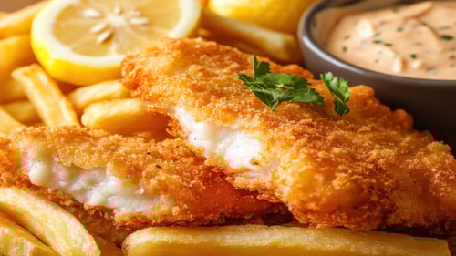 Seelachs mit Kartoffelpüree und Salatbeilage