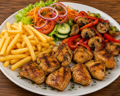 Hähnchenspies mit Beilage und salat 