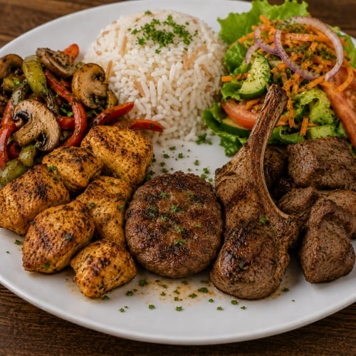 Gemischter Grillteller mit Beilage und Salat 
