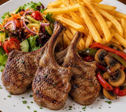 Lammkotelette mit Beilage und Salat 