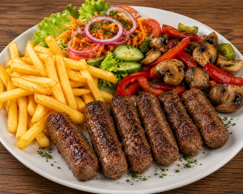 Cevapcici 6 Stück  mit Beilage und salat 
