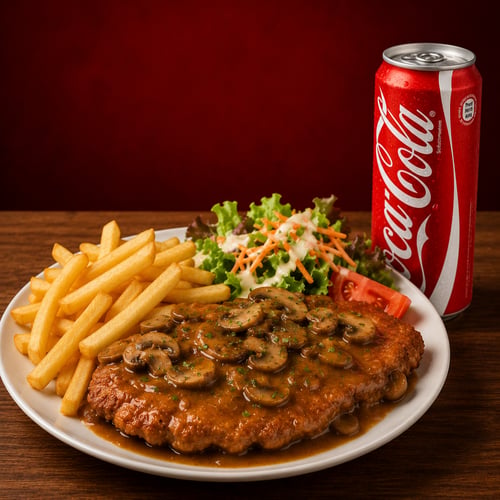 Schnitzel  mit Pommes +Beilage salat  + Getränke 0,33l