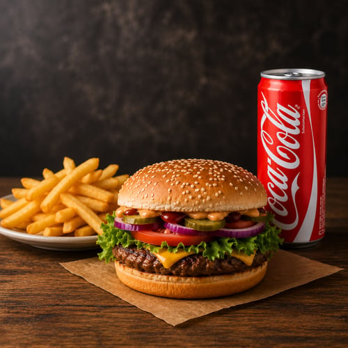 B100.Burger Menü mit Pommes und Dose Getränke 