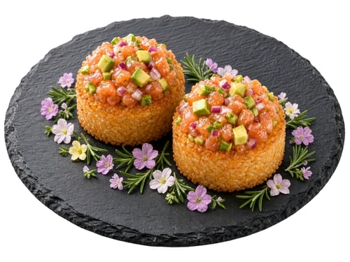99. Spicy Lachs Tatar frittiert (2.Stk.)