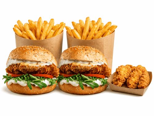 Combideal 2x kipburger, 2x friet, 6 chicken strips