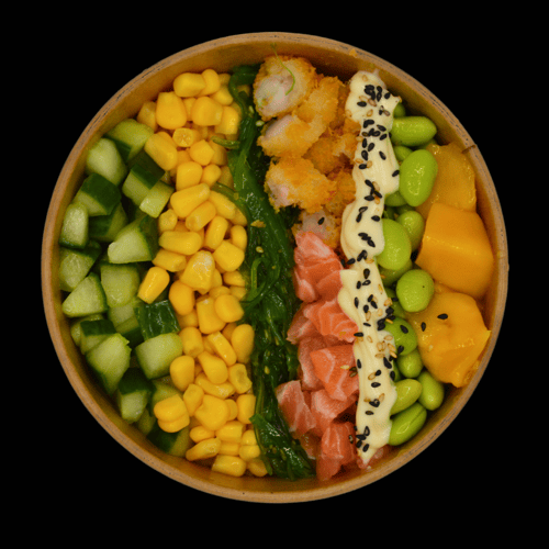 Poké bowl zalm and tempura garnaal