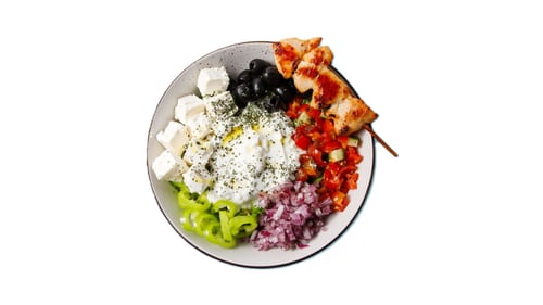 The Greek Bowl mit 2 Hähnchenspießen