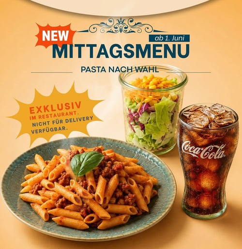 MITTAGSMENÜ  PASTA MIT SALAT UND GETRÄNK