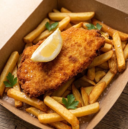 Grote kipschnitzel met Vlaamse friet