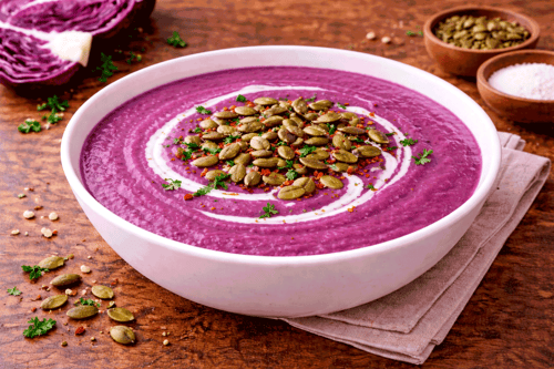 Rotkohl-Kokos-Suppe mit Kürbiskernen.