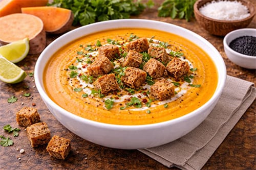 Süßkartoffel-Kokos-Suppe mit Vollkornbrot