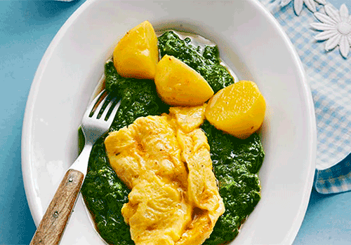 Rührei mit Spinat und Kartoffelstampf