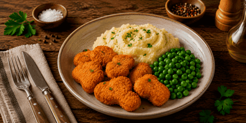 Hähnchennuggets mit Erbsen und Kartoffelstampf