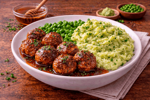 Honey-Minibouletten mit Erbsen und Wasabikartoffelstampf
