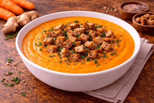Möhren-Ingwer-Cremesuppe mit Vollkorn Croutons