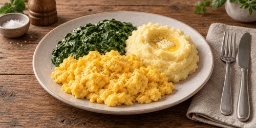 Rührei mit Spinat und Kartoffelstampf