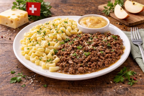 G´hackets mit Hörnli und Öpfelmus