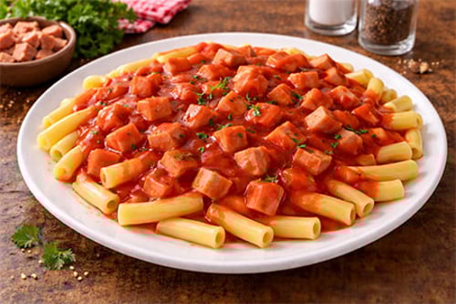 DDR Pasta mit extra dicken Tomatensoße und Jagdwurst