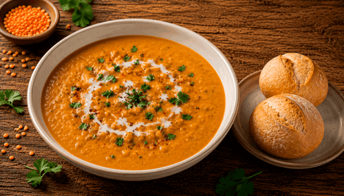 Linsen Kokos Suppe mit Brot