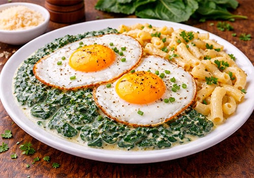 Spiegelei auf Rahmspinat und Pasta