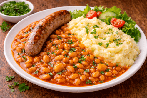 Baked Beans mit Geflügelbratwurst und Kartoffelstampf
