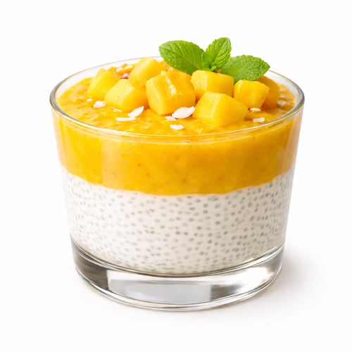 Chia-Kokosmilch-Pudding mit Mangopüree (vegan)