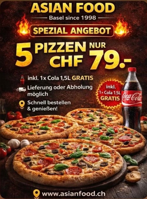 5 Pizzen nach Wahl für CHF 79.-  inklusive 1 Softdrink (1.5 L).