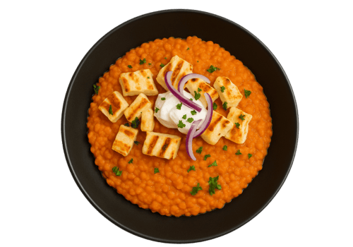 Linsenrisotto mit Halloumiwürfeln, Aioli und Zwiebeln