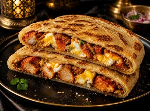 Dubbele Roti Prata met Chicken Tandoori en Ei