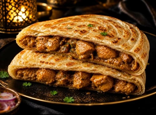 Dubbele Roti Prata met Chicken Masala