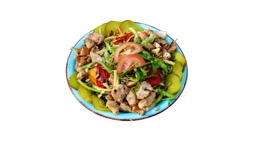 Maaltijdsalade Oosterse kippendijen met Kinderfrites