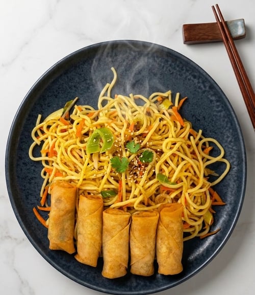Bratnudeln mit Frühlingsrolle