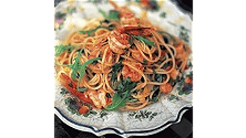 97. Spaghetti quadrati con gamberi e rucola
