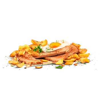 Bayerischer Leberkäse mit Spiegelei und Bratkartoffeln