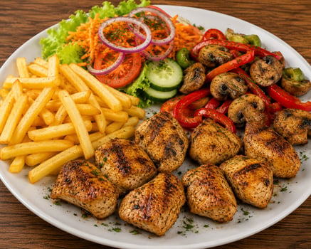 Hähnchenspies mit Beilage und salat 