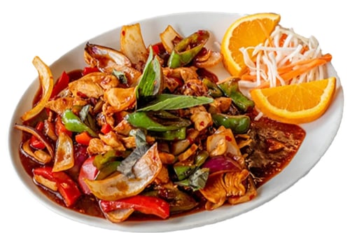 Thai-Hähnchen Gai Phad Gra (extra-scharf) Thai-Hähnchen Gai Phad Gra (extra-scharf)