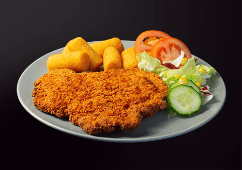 Freitag -  Knusper Schnitzel mit Salat und Kroketten