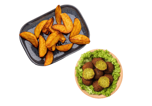 Portion Kartoffelecken mit Falafel
