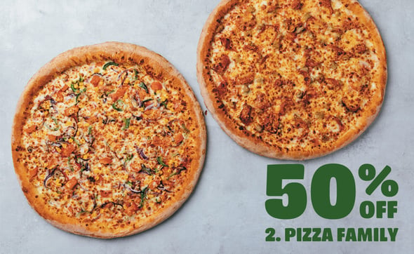 50 % Rabatt auf die 2. Pizza (Family)	